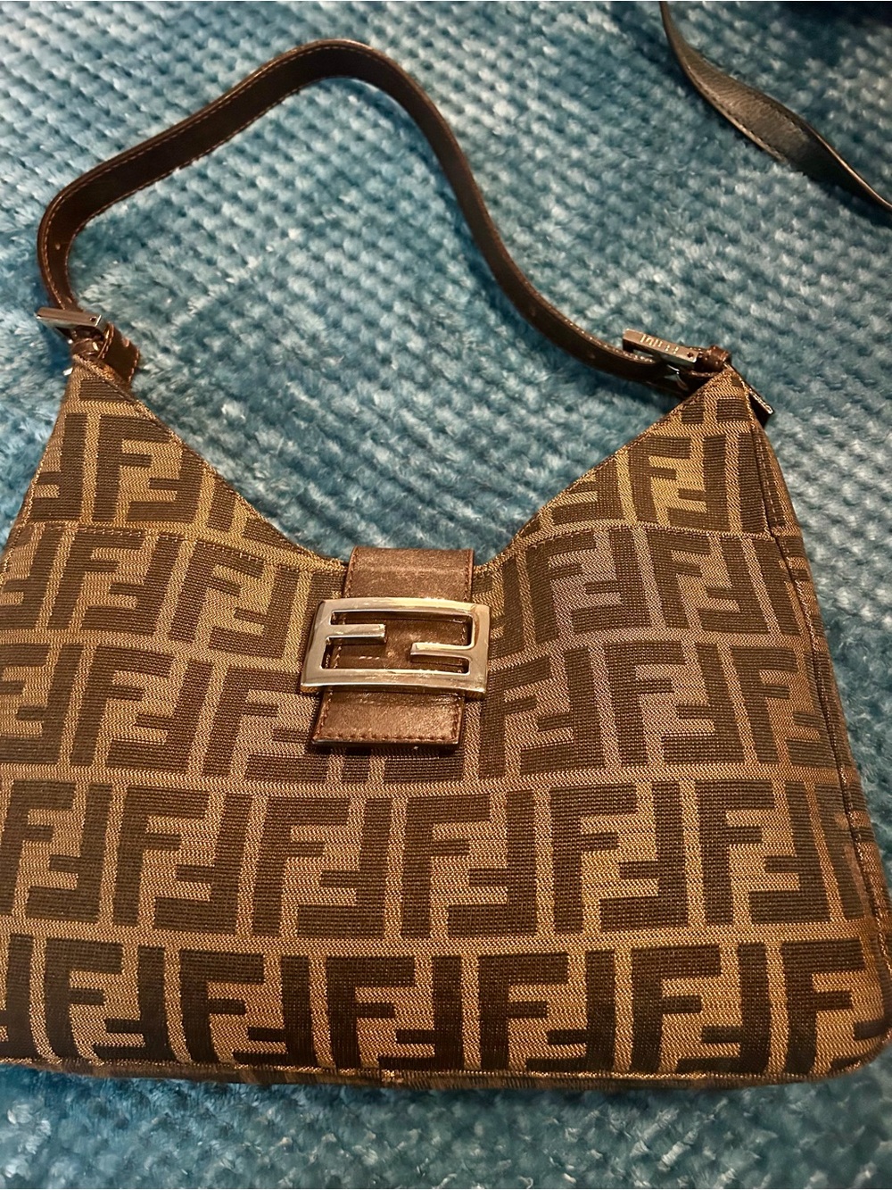 Fendi Brown Monogram Shoulder Bag with Silver Buckle and wallet